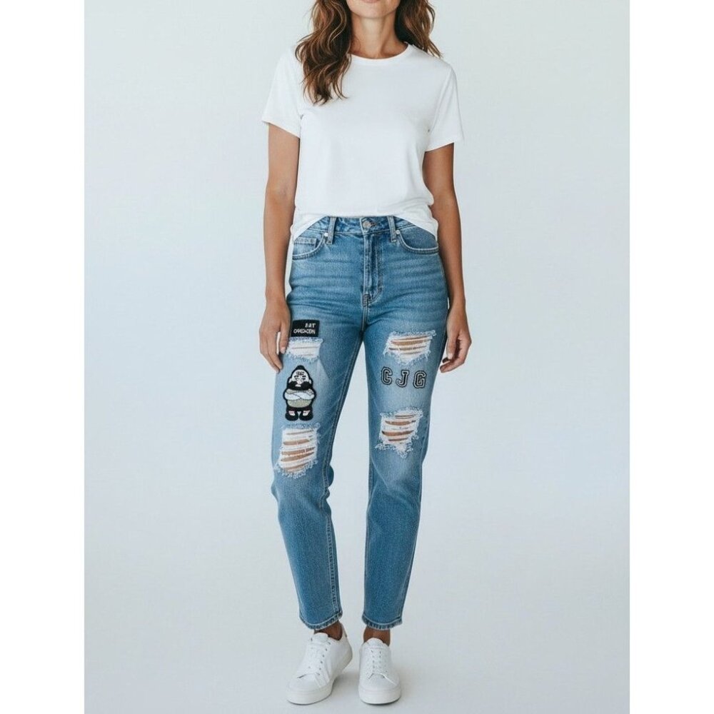 Distressed Light Wash Denim Jeans With Unique "Eat Chicken" & CJG Patches Decora
